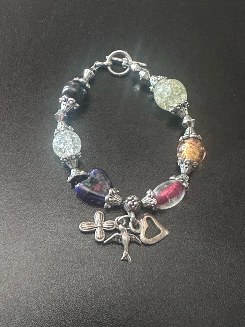 Multicolor Glass Bead Charm Bracelet with Heart and Cross Charms